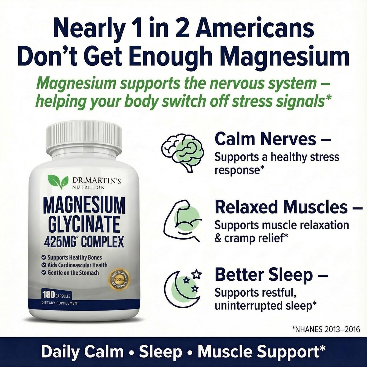 DR. MARTIN'S NUTRITION Premium Magnesium Glycinate 425mg – 180 vegane Kapseln – Hilft bei Stressabbau, Schlaf, Muskelkrämpfen und einem gesunden Herzen