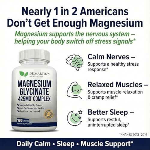 DR. MARTIN'S NUTRITION Premium Magnesium Glycinate 425mg – 180 vegane Kapseln – Hilft bei Stressabbau, Schlaf, Muskelkrämpfen und einem gesunden Herzen