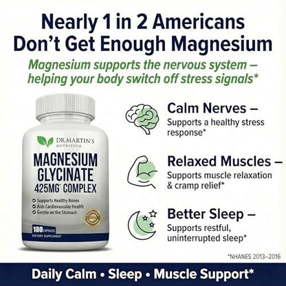 DR. MARTIN'S NUTRITION Premium Magnesium Glycinate 425mg – 180 vegane Kapseln – Hilft bei Stressabbau, Schlaf, Muskelkrämpfen und einem gesunden Herzen