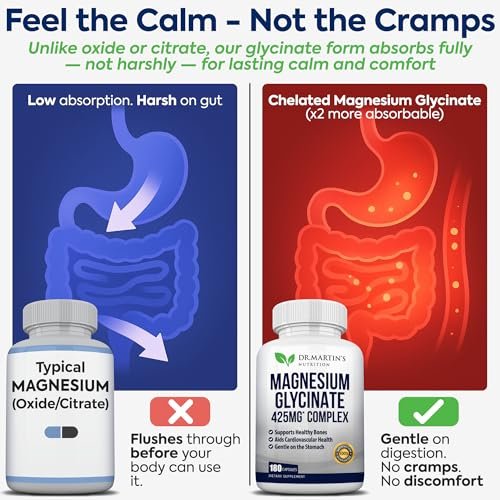 DR. MARTIN'S NUTRITION Premium Magnesium Glycinate 425mg – 180 vegane Kapseln – Hilft bei Stressabbau, Schlaf, Muskelkrämpfen und einem gesunden Herzen