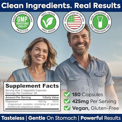 DR. MARTIN'S NUTRITION Premium Magnesium Glycinate 425mg – 180 vegane Kapseln – Hilft bei Stressabbau, Schlaf, Muskelkrämpfen und einem gesunden Herzen