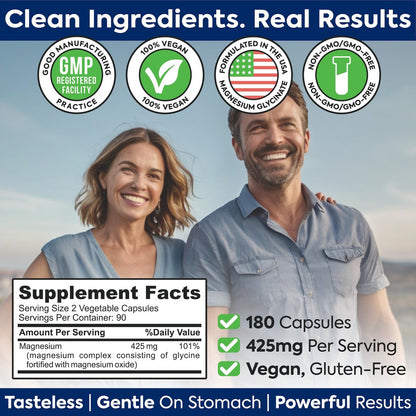DR. MARTIN'S NUTRITION Premium Magnesium Glycinate 425mg – 180 vegane Kapseln – Hilft bei Stressabbau, Schlaf, Muskelkrämpfen und einem gesunden Herzen
