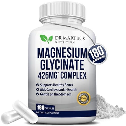DR. MARTIN'S NUTRITION Premium Magnesium Glycinate 425mg – 180 vegane Kapseln – Hilft bei Stressabbau, Schlaf, Muskelkrämpfen und einem gesunden Herzen