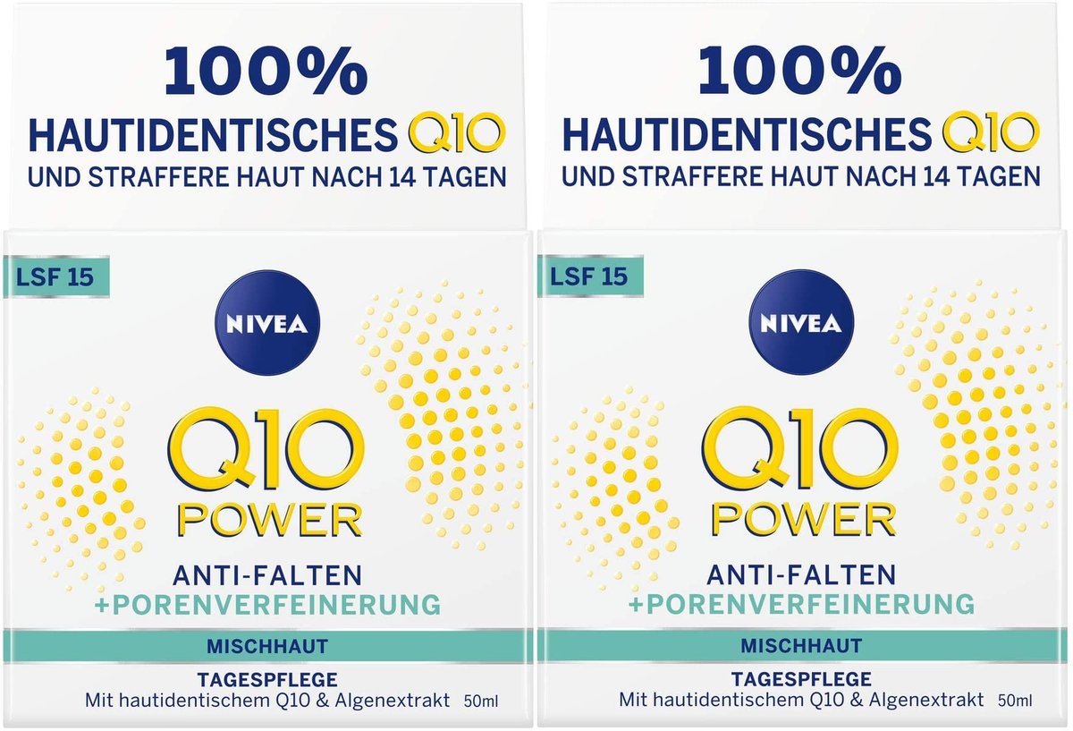 NIVEA Q10 Power Anti-Falten & Porenverfeinernde Tagescreme – Doppelpack (2 × 50 ml) – Straffende Feuchtigkeitspflege mit Coenzym Q10, Creatin & Algenextrakt für Mischhaut