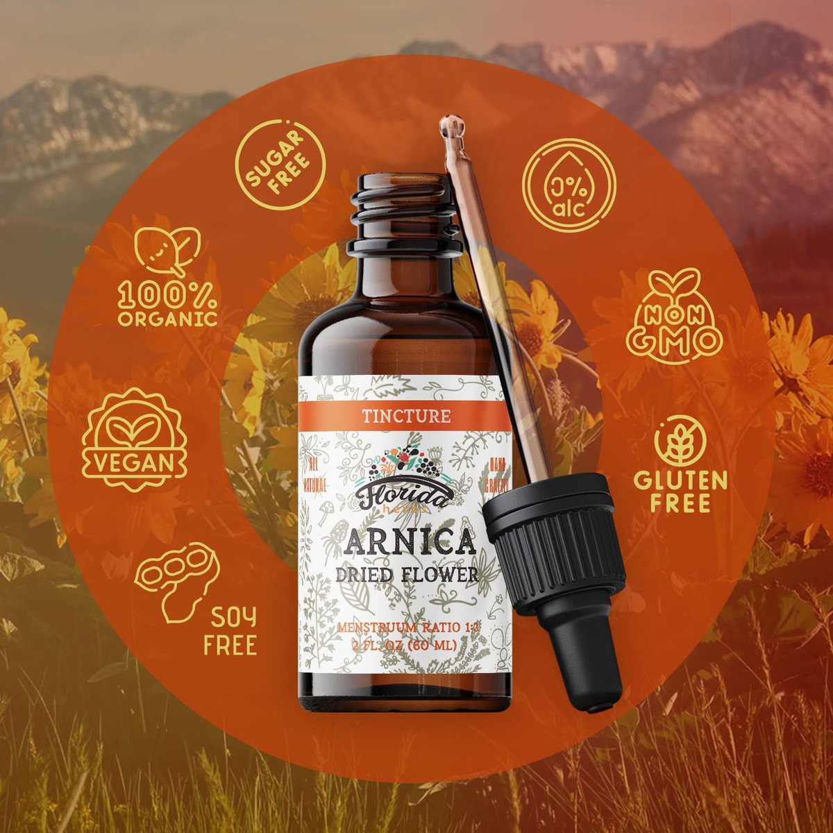 Bio Arnika Tinktur – Organischer Arnika Extrakt (Arnica montana) aus getrockneten Blüten, Nicht-GVO, in kaltgepresstem Bio-Gemüseglycerin, 700 mg, 60 ml (2 fl oz)