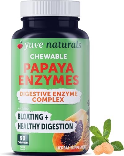 Yuve Naturals Kautabletten Papaya-Enzyme – Zuckerfreier, pflanzlicher Verdauungsenzym-Komplex gegen Blähungen und Völlegefühl – Vegan, Non-GMO, Glutenfrei – 90 Stück