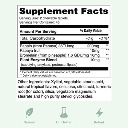 Yuve Naturals Kautabletten Papaya-Enzyme – Zuckerfreier, pflanzlicher Verdauungsenzym-Komplex gegen Blähungen und Völlegefühl – Vegan, Non-GMO, Glutenfrei – 90 Stück