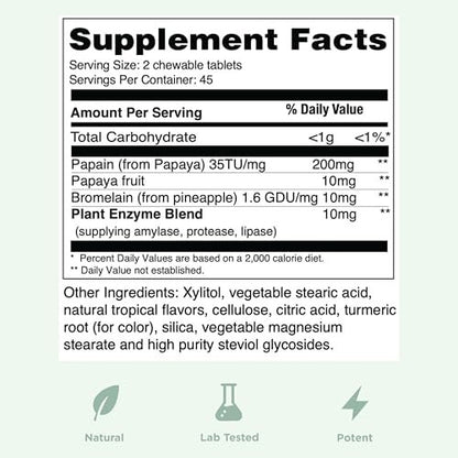 Yuve Naturals Kautabletten Papaya-Enzyme – Zuckerfreier, pflanzlicher Verdauungsenzym-Komplex gegen Blähungen und Völlegefühl – Vegan, Non-GMO, Glutenfrei – 90 Stück