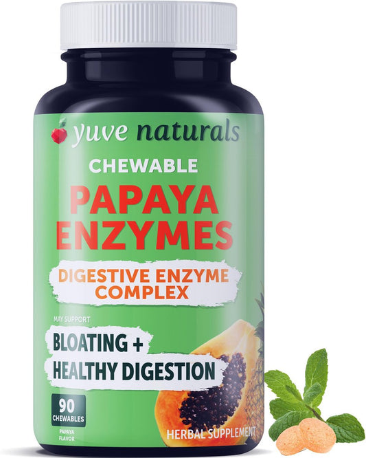 Yuve Naturals Kautabletten Papaya-Enzyme – Zuckerfreier, pflanzlicher Verdauungsenzym-Komplex gegen Blähungen und Völlegefühl – Vegan, Non-GMO, Glutenfrei – 90 Stück