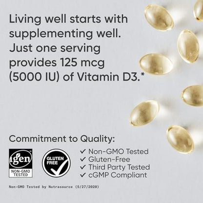 Sports Research Vitamin D3 5000 IE mit Kokos-MCT-Öl - Hochdosiertes Vitamin-D-Präparat - Nicht-GVO-verifiziert, gluten- und sojafrei – 125 µg, 30 flüssige Weichkapseln