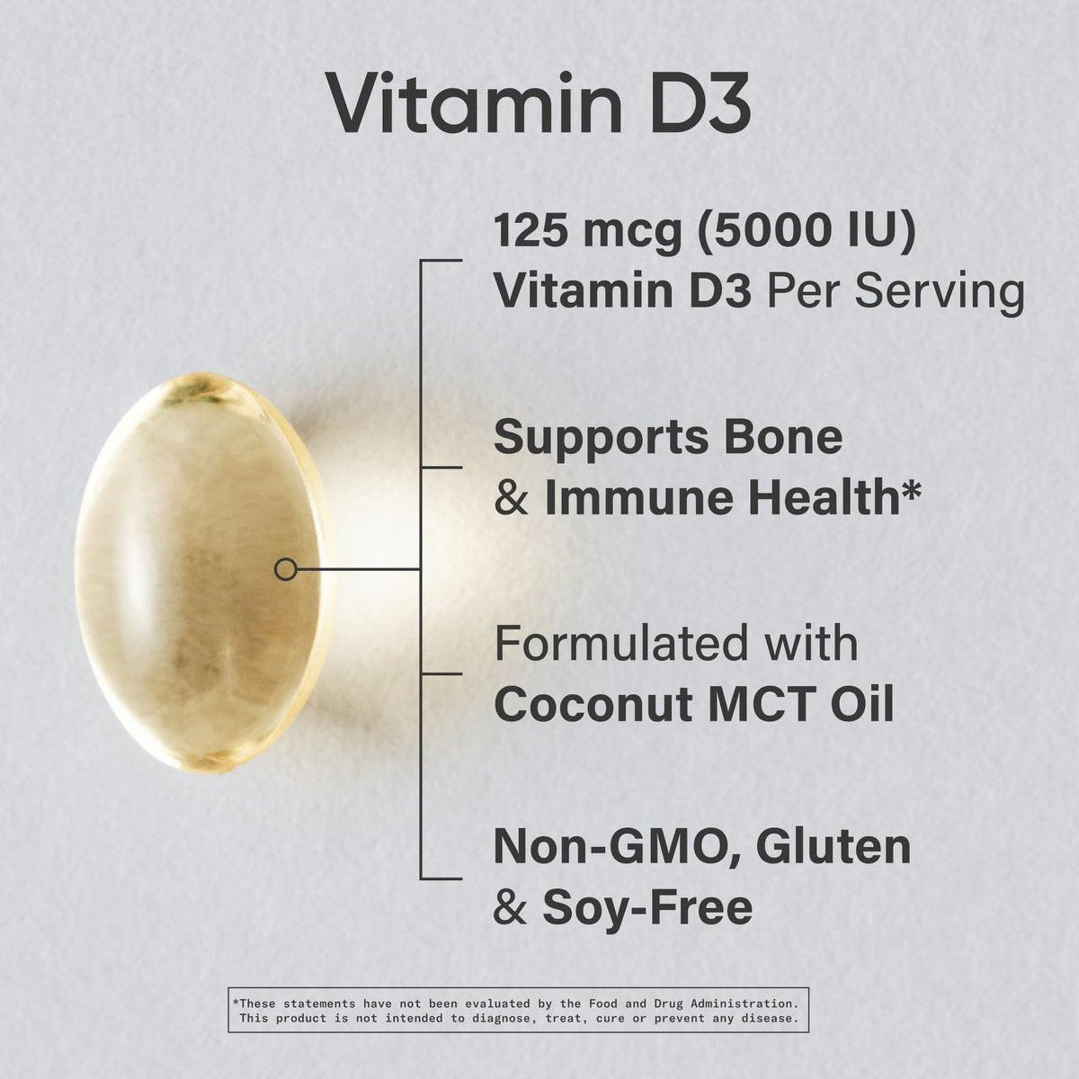 Sports Research Vitamin D3 5000 IE mit Kokos-MCT-Öl - Hochdosiertes Vitamin-D-Präparat - Nicht-GVO-verifiziert, gluten- und sojafrei – 125 µg, 30 flüssige Weichkapseln