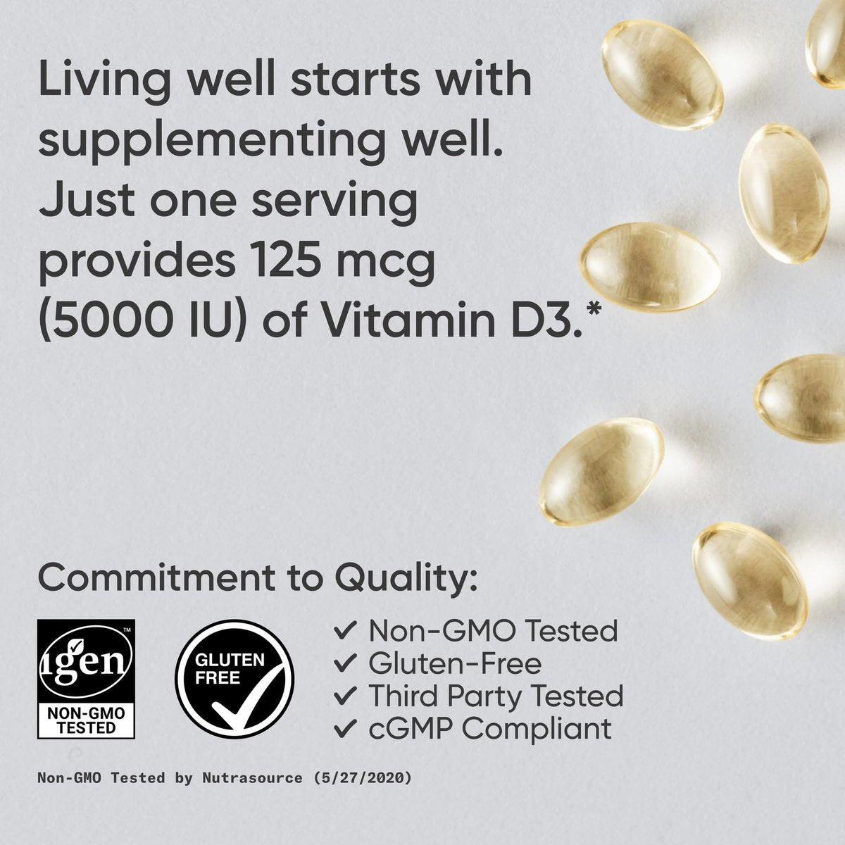 Sports Research Vitamin D3 5000 IE mit Kokos-MCT-Öl - Hochdosiertes Vitamin-D-Präparat - Nicht-GVO-verifiziert, gluten- und sojafrei – 125 µg, 30 flüssige Weichkapseln