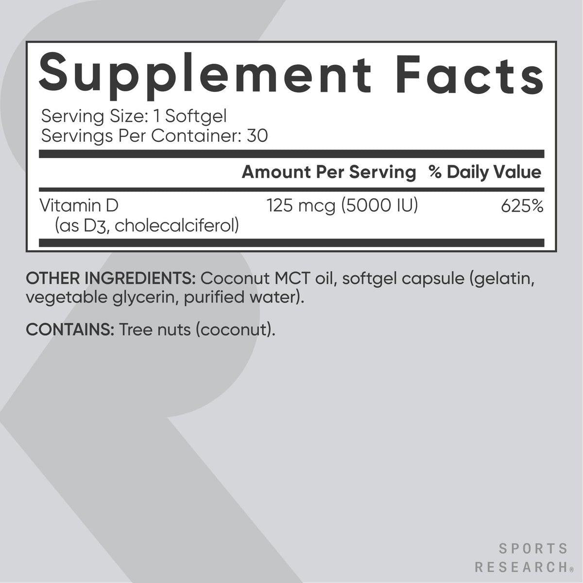 Sports Research Vitamin D3 5000 IE mit Kokos-MCT-Öl - Hochdosiertes Vitamin-D-Präparat - Nicht-GVO-verifiziert, gluten- und sojafrei – 125 µg, 30 flüssige Weichkapseln