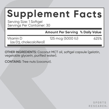 Sports Research Vitamin D3 5000 IE mit Kokos-MCT-Öl - Hochdosiertes Vitamin-D-Präparat - Nicht-GVO-verifiziert, gluten- und sojafrei – 125 µg, 30 flüssige Weichkapseln