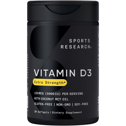 Sports Research Vitamin D3 5000 IE mit Kokos-MCT-Öl - Hochdosiertes Vitamin-D-Präparat - Nicht-GVO-verifiziert, gluten- und sojafrei – 125 µg, 30 flüssige Weichkapseln