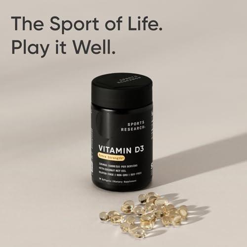 Sports Research Vitamin D3 5000 IE mit Kokos-MCT-Öl - Hochdosiertes Vitamin-D-Präparat - Nicht-GVO-verifiziert, gluten- und sojafrei – 125 µg, 30 flüssige Weichkapseln
