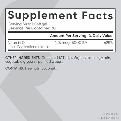 Sports Research Vitamin D3 5000 IE mit Kokos-MCT-Öl - Hochdosiertes Vitamin-D-Präparat - Nicht-GVO-verifiziert, gluten- und sojafrei – 125 µg, 30 flüssige Weichkapseln