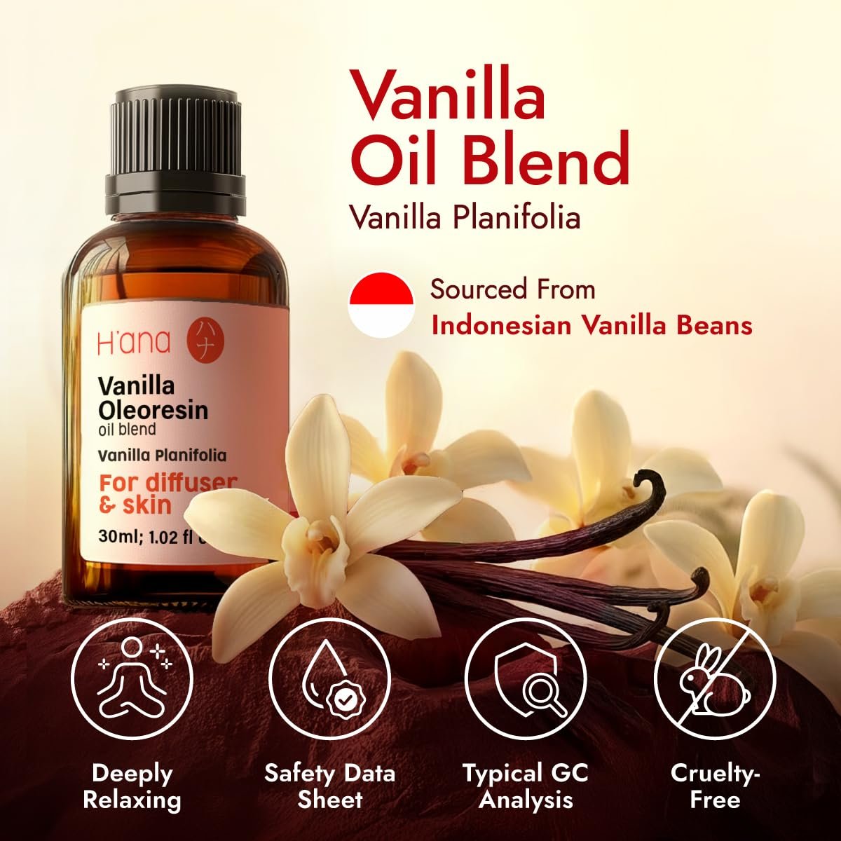 H'ana Vanille Öl - 1,02 Fl Oz Vanille Ätherisches Öl für Haare, Haut, Diffuser, Aromatherapie & DIY