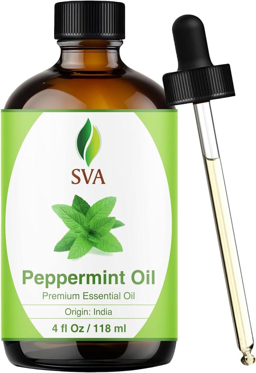 SVA Pfefferminzöl – 118 ml – 100% natürliches Pfefferminzöl für Diffuser, Haarpflege, Gesicht, Hautpflege, Aromatherapie, Kopfhaut- und Körpermassage, Seifen- und Kerzenherstellung – mit Pipette