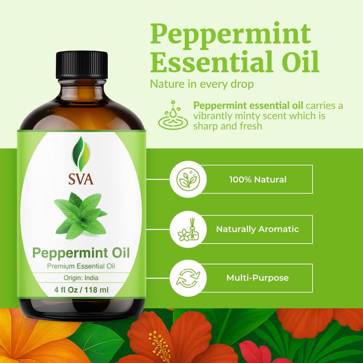 SVA Pfefferminzöl – 118 ml – 100% natürliches Pfefferminzöl für Diffuser, Haarpflege, Gesicht, Hautpflege, Aromatherapie, Kopfhaut- und Körpermassage, Seifen- und Kerzenherstellung – mit Pipette