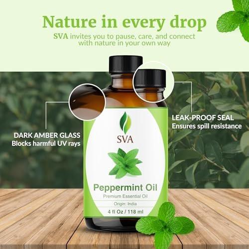 SVA Pfefferminzöl – 118 ml – 100% natürliches Pfefferminzöl für Diffuser, Haarpflege, Gesicht, Hautpflege, Aromatherapie, Kopfhaut- und Körpermassage, Seifen- und Kerzenherstellung – mit Pipette