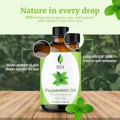 SVA Pfefferminzöl – 118 ml – 100% natürliches Pfefferminzöl für Diffuser, Haarpflege, Gesicht, Hautpflege, Aromatherapie, Kopfhaut- und Körpermassage, Seifen- und Kerzenherstellung – mit Pipette
