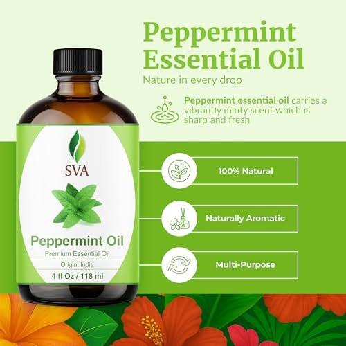 SVA Pfefferminzöl – 118 ml – 100% natürliches Pfefferminzöl für Diffuser, Haarpflege, Gesicht, Hautpflege, Aromatherapie, Kopfhaut- und Körpermassage, Seifen- und Kerzenherstellung – mit Pipette