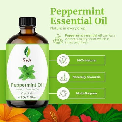 SVA Pfefferminzöl – 118 ml – 100% natürliches Pfefferminzöl für Diffuser, Haarpflege, Gesicht, Hautpflege, Aromatherapie, Kopfhaut- und Körpermassage, Seifen- und Kerzenherstellung – mit Pipette