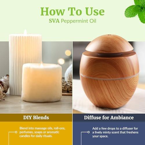 SVA Pfefferminzöl – 118 ml – 100% natürliches Pfefferminzöl für Diffuser, Haarpflege, Gesicht, Hautpflege, Aromatherapie, Kopfhaut- und Körpermassage, Seifen- und Kerzenherstellung – mit Pipette