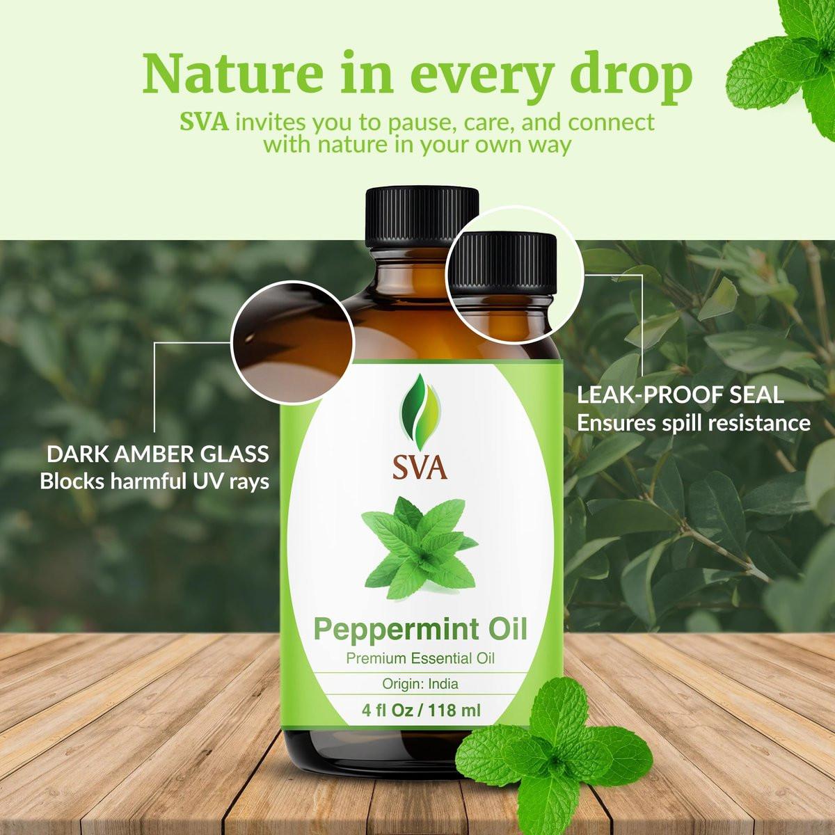 SVA Pfefferminzöl – 118 ml – 100% natürliches Pfefferminzöl für Diffuser, Haarpflege, Gesicht, Hautpflege, Aromatherapie, Kopfhaut- und Körpermassage, Seifen- und Kerzenherstellung – mit Pipette