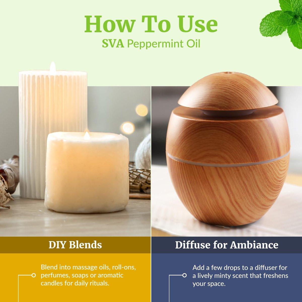 SVA Pfefferminzöl – 118 ml – 100% natürliches Pfefferminzöl für Diffuser, Haarpflege, Gesicht, Hautpflege, Aromatherapie, Kopfhaut- und Körpermassage, Seifen- und Kerzenherstellung – mit Pipette