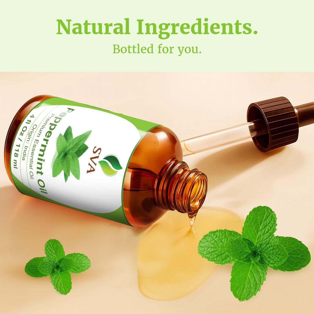 SVA Pfefferminzöl – 118 ml – 100% natürliches Pfefferminzöl für Diffuser, Haarpflege, Gesicht, Hautpflege, Aromatherapie, Kopfhaut- und Körpermassage, Seifen- und Kerzenherstellung – mit Pipette