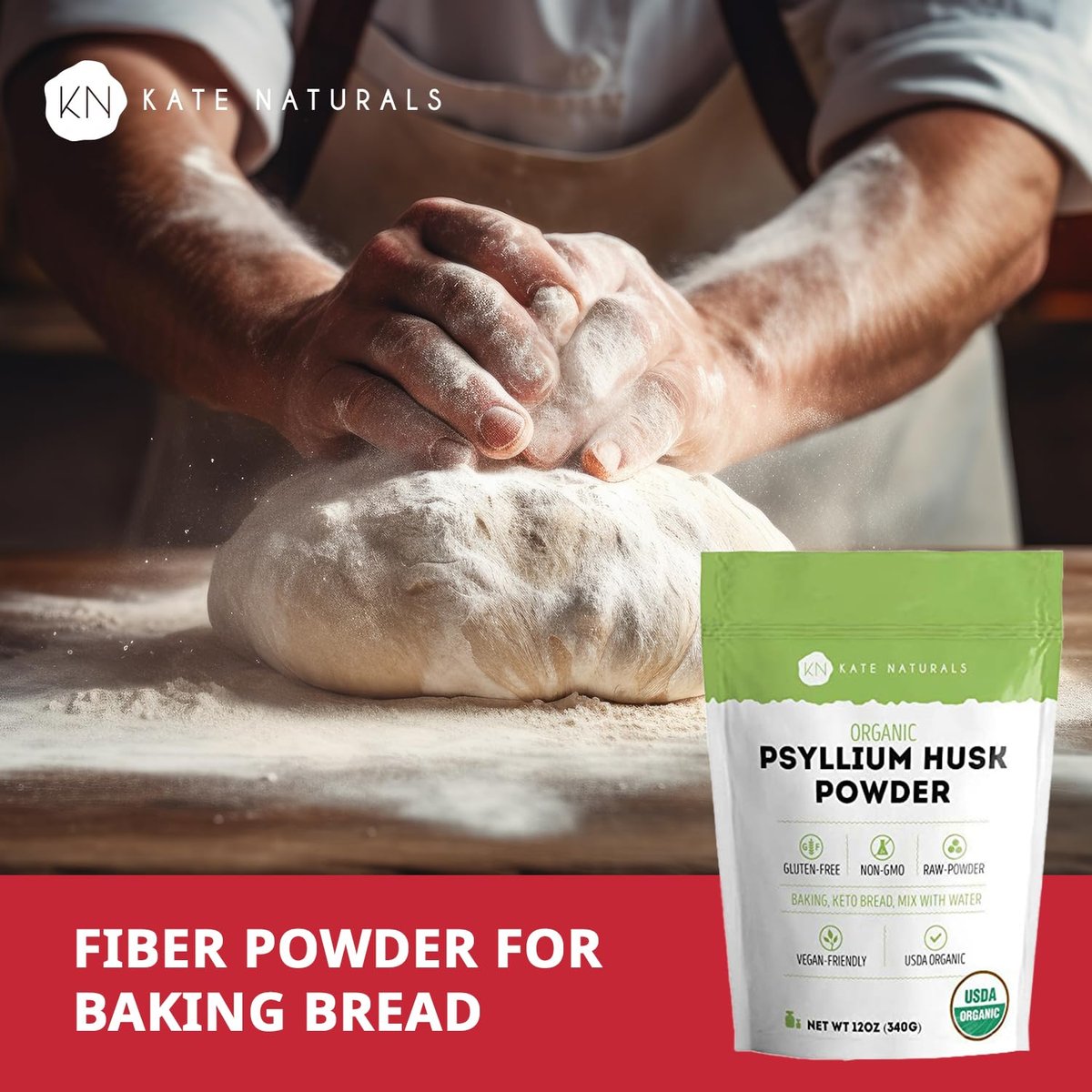 Kate Naturals Bio Flohsamenschalenpulver für Ballaststoffe, Verdauung & Brotbacken. Löst sich leicht in Saft & Smoothies (340g, fein gemahlen, glutenfrei)