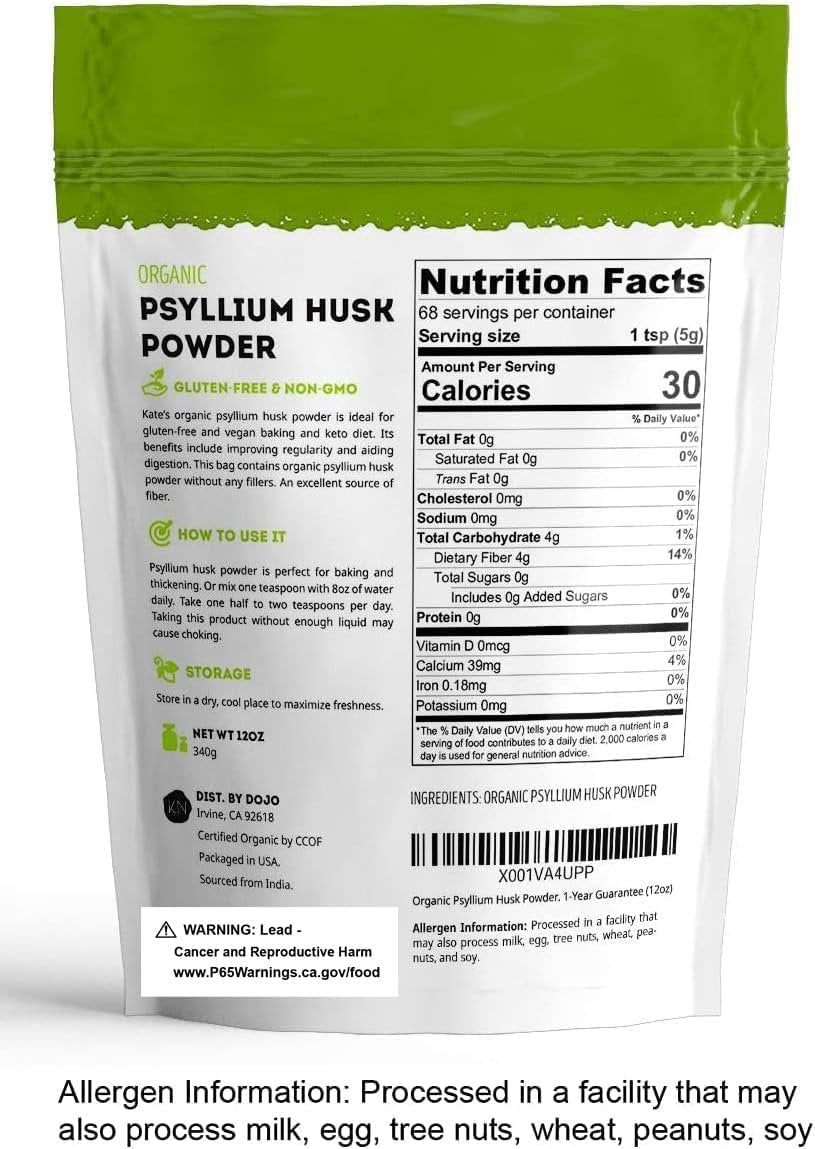 Kate Naturals Bio Flohsamenschalenpulver für Ballaststoffe, Verdauung & Brotbacken. Löst sich leicht in Saft & Smoothies (340g, fein gemahlen, glutenfrei)
