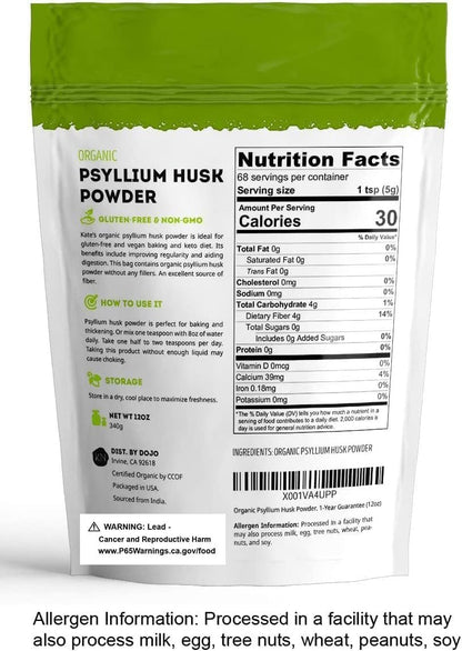 Kate Naturals Bio Flohsamenschalenpulver für Ballaststoffe, Verdauung & Brotbacken. Löst sich leicht in Saft & Smoothies (340g, fein gemahlen, glutenfrei)