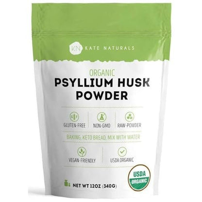 Kate Naturals Bio Flohsamenschalenpulver für Ballaststoffe, Verdauung & Brotbacken. Löst sich leicht in Saft & Smoothies (340g, fein gemahlen, glutenfrei)