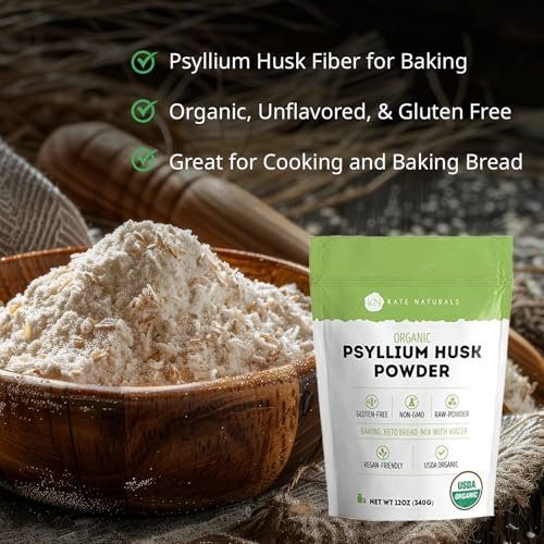 Kate Naturals Bio Flohsamenschalenpulver für Ballaststoffe, Verdauung & Brotbacken. Löst sich leicht in Saft & Smoothies (340g, fein gemahlen, glutenfrei)