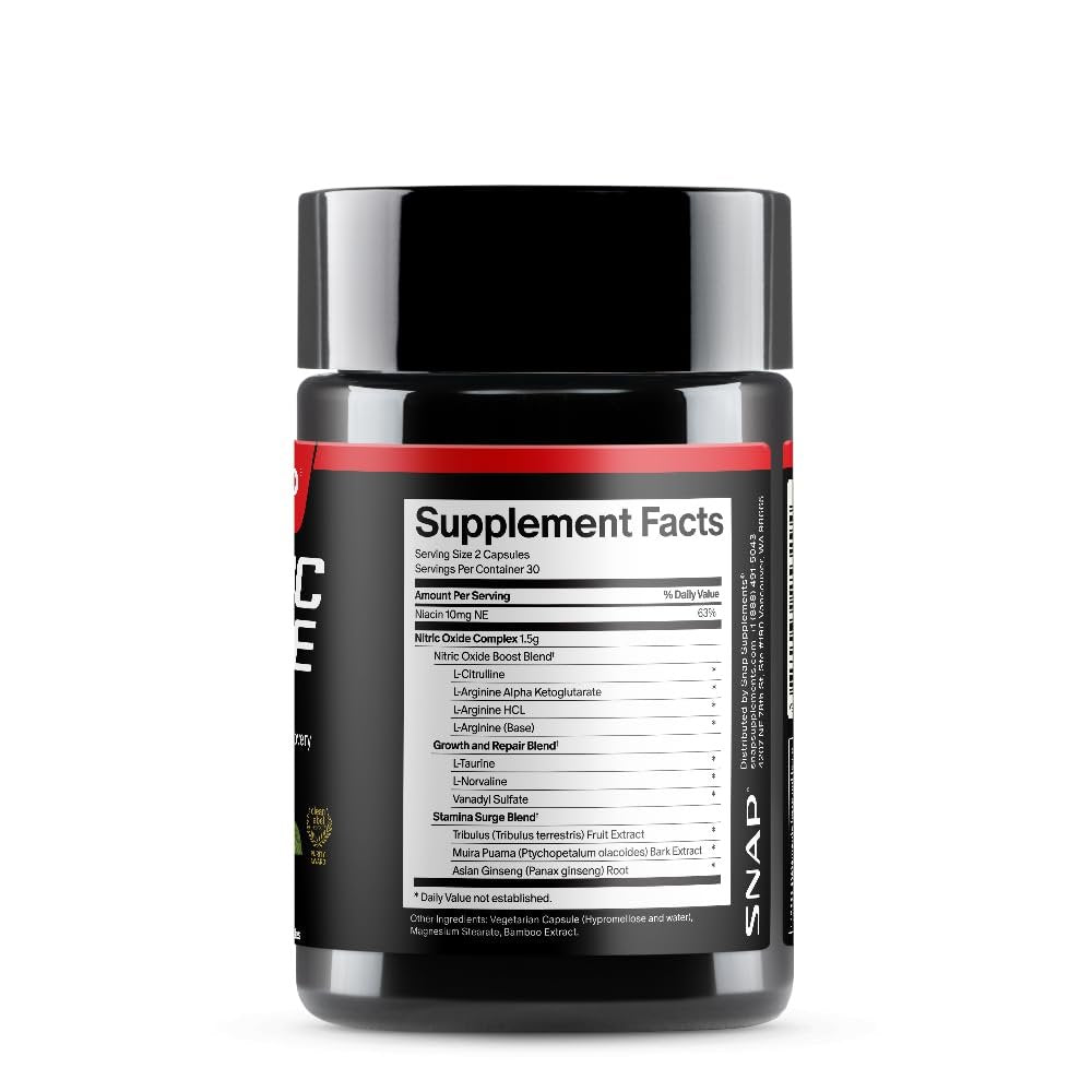 Snap Supplements Stickstoffmonoxid-Booster für Männer & Frauen – L-Citrullin + 3 Formen von L-Arginin für Ausdauer, Durchblutung & Energie – Koffeinfreie Pre-Workout-Alternative, 60 Kapseln