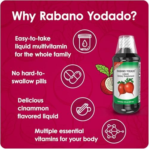 Rabano Yodado Ionisiertes Rettich-Diät-Flüssigergänzungsmittel mit Jod, Vitamin B1, B6 & B12 – Wellness & Verdauungsunterstützung, hilft natürliche Energie & Nährstoffgleichgewicht zu erhalten, 240 ml, 1er Pack
