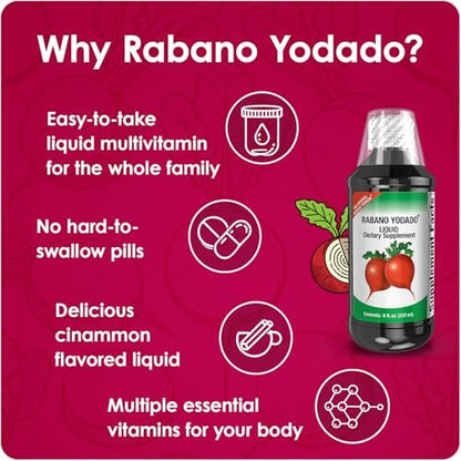 Rabano Yodado Ionisiertes Rettich-Diät-Flüssigergänzungsmittel mit Jod, Vitamin B1, B6 & B12 – Wellness & Verdauungsunterstützung, hilft natürliche Energie & Nährstoffgleichgewicht zu erhalten, 240 ml, 1er Pack