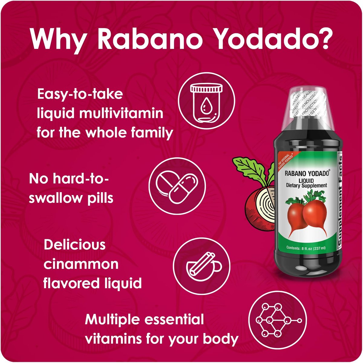 Rabano Yodado Ionisiertes Rettich-Diät-Flüssigergänzungsmittel mit Jod, Vitamin B1, B6 & B12 – Wellness & Verdauungsunterstützung, hilft natürliche Energie & Nährstoffgleichgewicht zu erhalten, 240 ml, 1er Pack