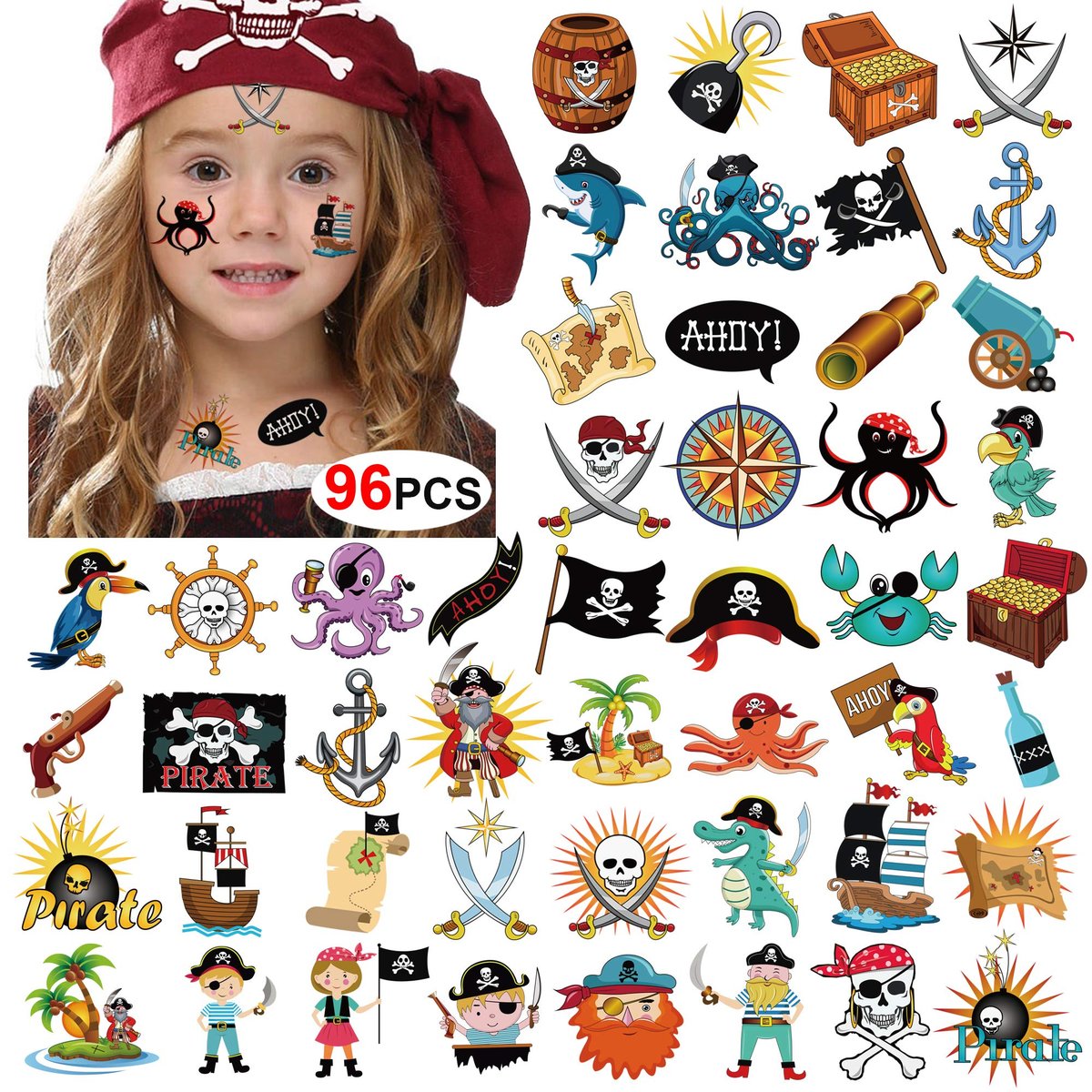 Konsait Piraten Tattoos (96 Stück) – Temporäre Tattoos für Kindergeburtstage, Piratenpartys und Mottopartys