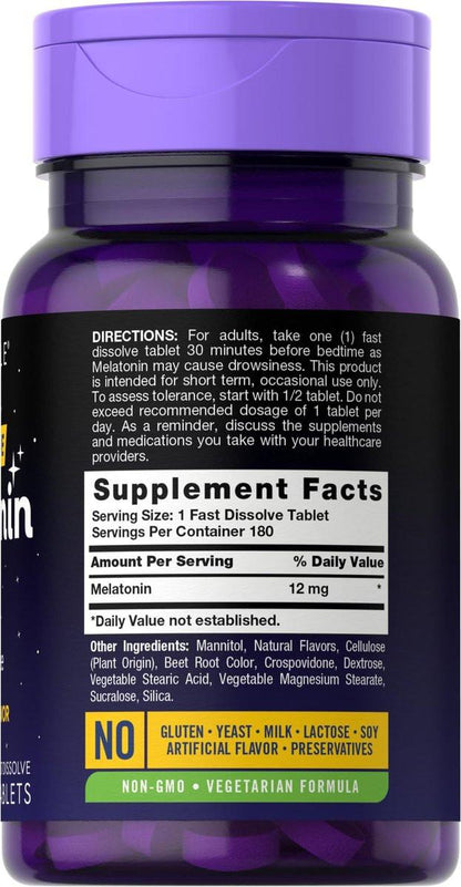 Carlyle Melatonin 12 mg Fast Dissolve 180 Tabletten | Schlafhilfe mit natürlichem Beerengeschmack | Vegetarisch, Non-GMO, Glutenfrei