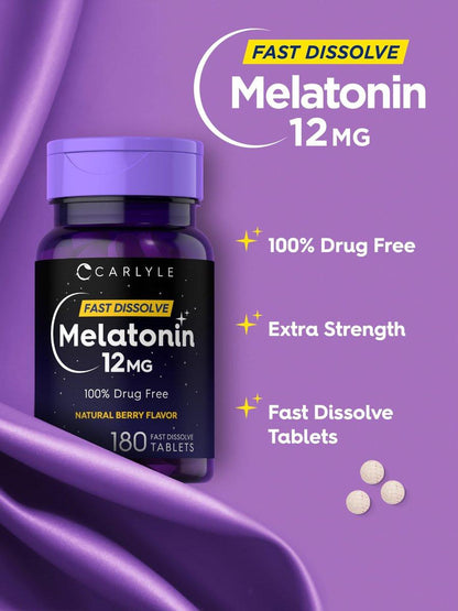 Carlyle Melatonin 12 mg Fast Dissolve 180 Tabletten | Schlafhilfe mit natürlichem Beerengeschmack | Vegetarisch, Non-GMO, Glutenfrei