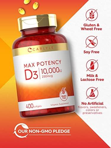 Carlyle Vitamin D 10.000 IE – 400 Weichkapseln, Hochdosiert, Non-GMO, Glutenfrei