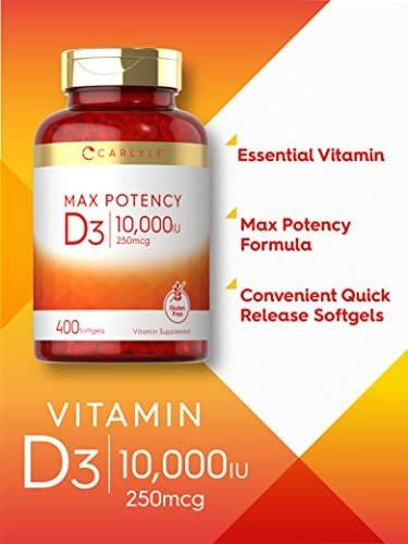 Carlyle Vitamin D 10.000 IE – 400 Weichkapseln, Hochdosiert, Non-GMO, Glutenfrei