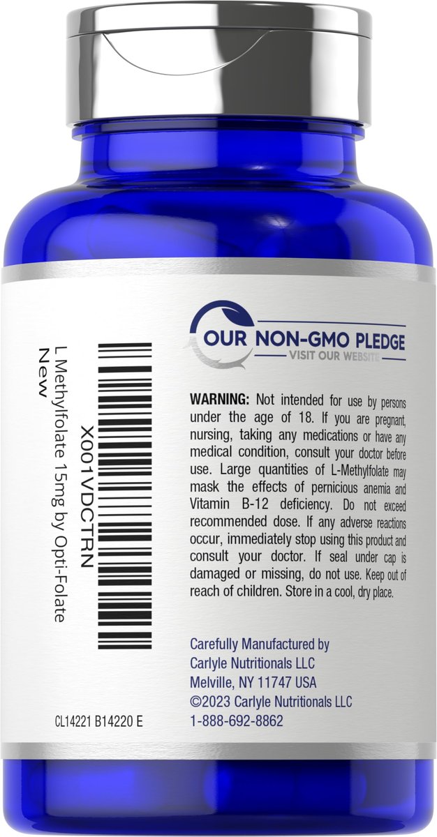 Carlyle L-Methylfolat 15 mg | 60 Kapseln | Maximale Stärke | Optimiert und aktiviert | Non-GMO, glutenfrei | Methylfolat, 5-MTHF | von Opti-Folate