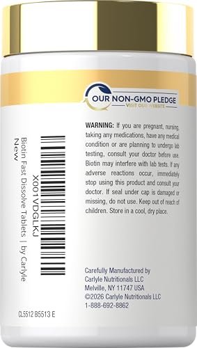 Carlyle Biotin 10000 mcg | 250 schnell lösliche Tabletten | Maximale Stärke | Vegetarisch, Nicht-GVO, Glutenfrei