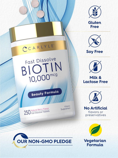 Carlyle Biotin 10000 mcg | 250 schnell lösliche Tabletten | Maximale Stärke | Vegetarisch, Nicht-GVO, Glutenfrei
