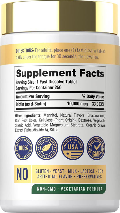 Carlyle Biotin 10000 mcg | 250 schnell lösliche Tabletten | Maximale Stärke | Vegetarisch, Nicht-GVO, Glutenfrei
